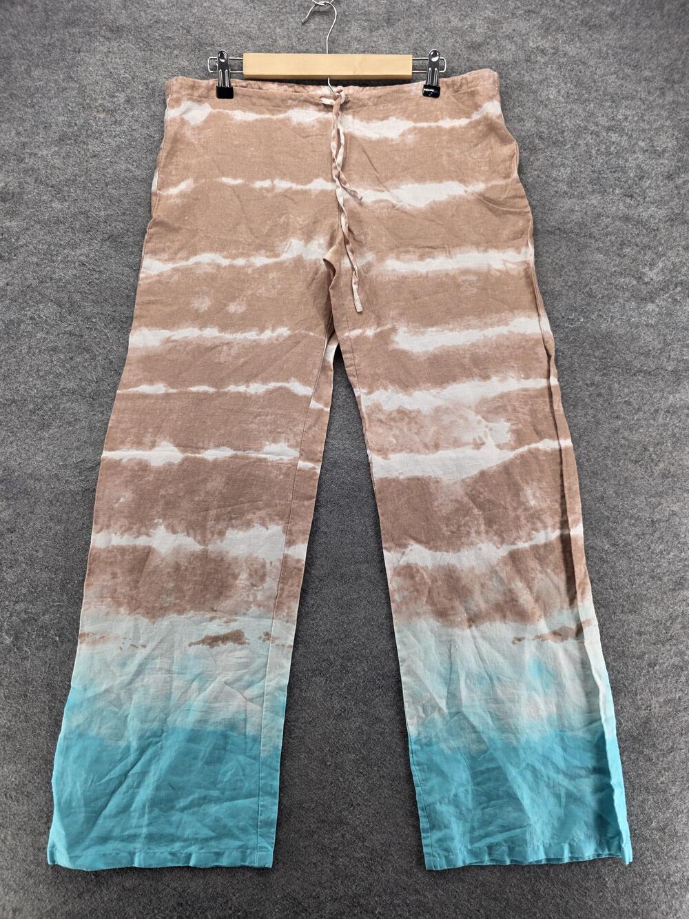 Venus Pants Womens Medium Brown Linen Khakis Striped Relaxed Drawstring 32.5 In